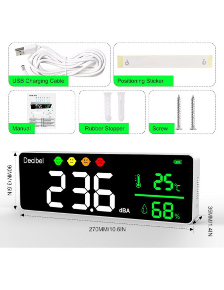 Medidor de Decibelios 11" Buumin con Temperatura y Humedad