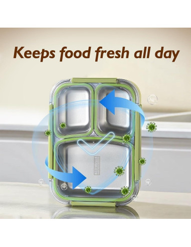 Caja Bento Acero Inoxidable 304 JKT HOME 3 Compartimentos Verde