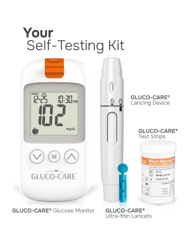 Kit de Monitor de Glucosa Gluco-Care - Pantalla Grande, Resultados Rápidos