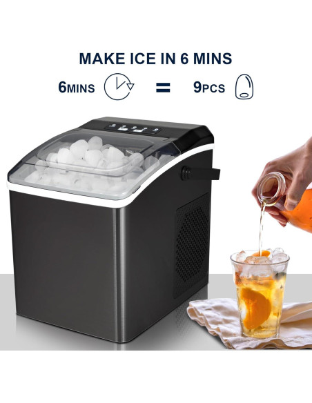 Máquina de Hielo Koolatron KIM26B - 9 Cubos en 6 Minutos, 11.7 kg/día, Auto Limpieza, Acero Inoxidable Negro