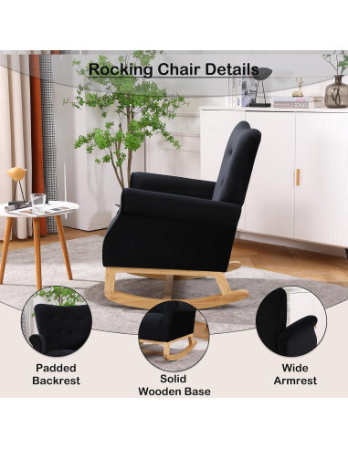Silla Mecedora FurniTribe Negra de Terciopelo para Guardería