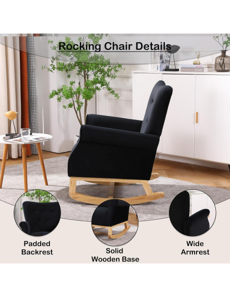 Silla Mecedora FurniTribe Negra de Terciopelo para Guardería