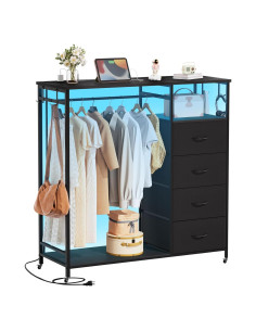 Cómoda Negra Somdot con Rack Colgante y Luces LED 4 Cajones