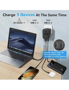 Adaptador de Viaje Universal Mapambo 5 en 1 con 2 USB y 2 USB-C 2