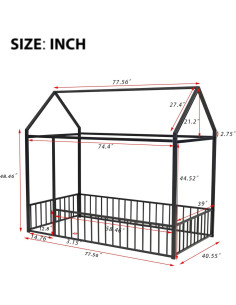 Cama de metal Twin HZSMHDZKJ con techo y cerca - Negro 2