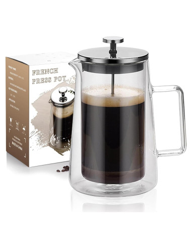 Cafetera Prensa Francesa HOOVIEN 650ml Vidrio Doble Pared