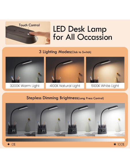 Lámpara de Escritorio LED WILIT Gris con Carga USB y Reloj