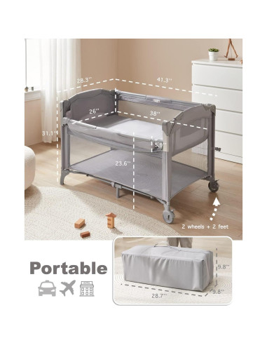 Cuna Lateral 4 en 1 BEKA Gris - Cuna, Parque y Mesa de Cambio