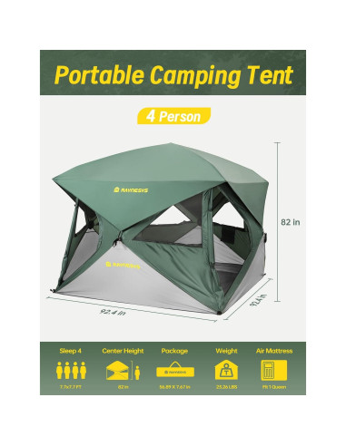 Tienda de Camping Raynesys para 4 Personas, Montaje Rápido 60s