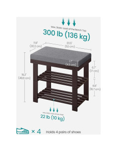 Banco de Zapatos SONGMICS de Bambú 3 Niveles Nogal Gris 2