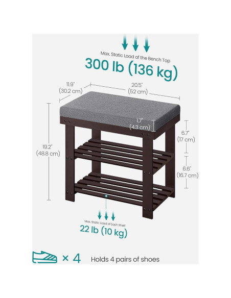 Banco de Zapatos SONGMICS de Bambú 3 Niveles Nogal Gris
