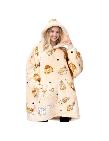 Manta con Capucha Giggling Getup Sherpa para Adultos - Gato Beige
