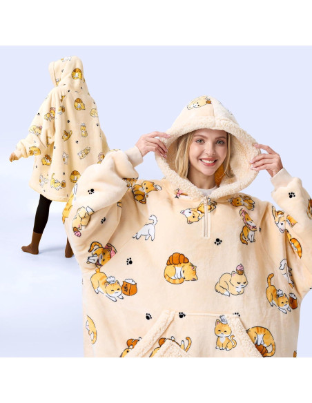 Manta con Capucha Giggling Getup Sherpa para Adultos - Gato Beige