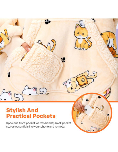 Manta con Capucha Giggling Getup Sherpa para Adultos - Gato Beige