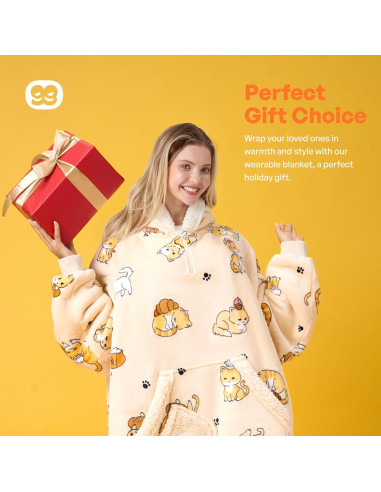 Manta con Capucha Giggling Getup Sherpa para Adultos - Gato Beige