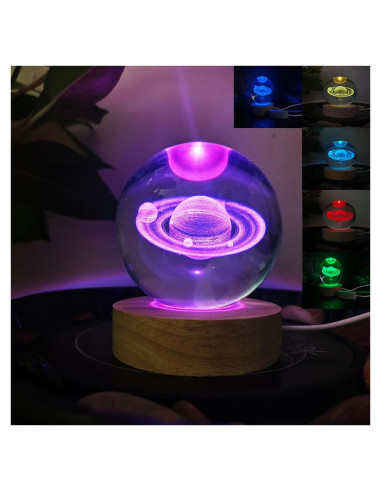 Bola de Cristal Saturno 80mm con Base LED Multicolor KAZETEC