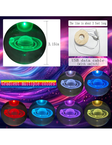 Bola de Cristal Saturno 80mm con Base LED Multicolor KAZETEC