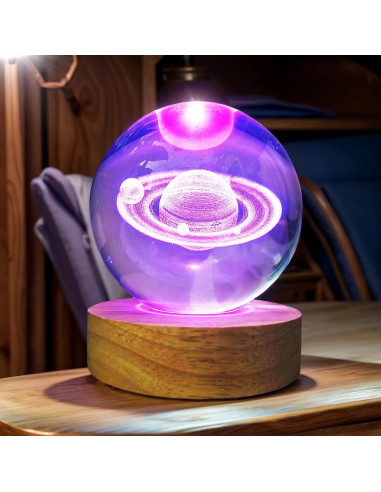 Bola de Cristal Saturno 80mm con Base LED Multicolor KAZETEC