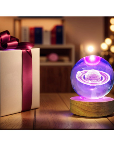 Bola de Cristal Saturno 80mm con Base LED Multicolor KAZETEC