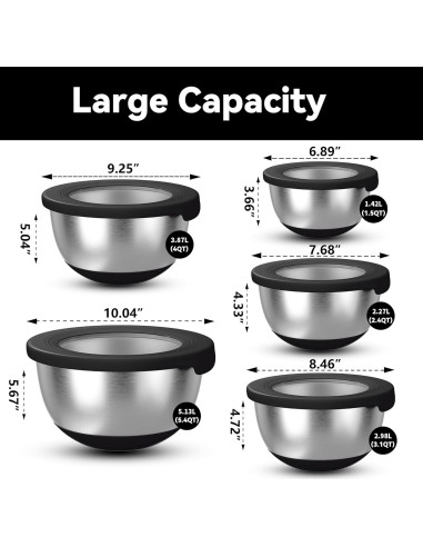 Juego de 5 Tazones de Mezcla KITEISCAT Acero Inoxidable Negro