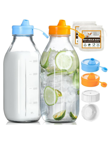 Paquete de 2 Botellas de Leche de Vidrio POIKSHARK 0.91L