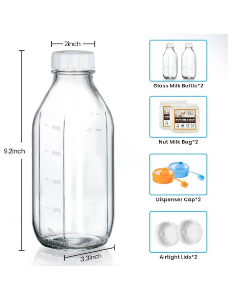 Paquete de 2 Botellas de Leche de Vidrio POIKSHARK 0.91L