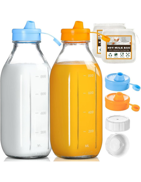 Paquete de 2 Botellas de Leche de Vidrio POIKSHARK 0.91L