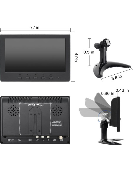 Monitor LCD 7" OSCY 1024x600 HDMI VGA AV BNC Control Remoto