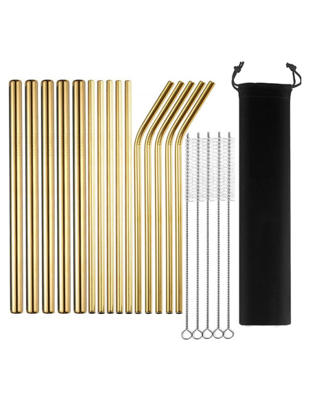 15 Pajitas de Metal Reutilizables LYthE con Cepillos - Oro