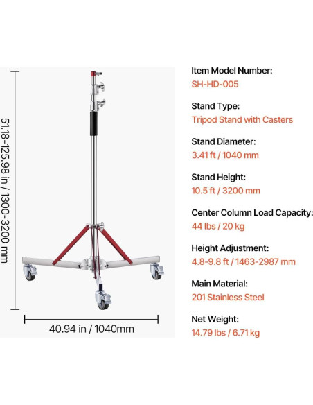 Soporte de Luz VEVOR con Ruedas 10.5 pies Ajustable 20 kg
