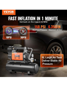 Compresor de Aire VEVOR 12V 150PSI con Tanque 6L y Manómetro 2