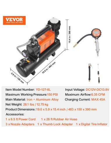 Compresor de Aire VEVOR 12V 150PSI con Tanque 6L y Manómetro