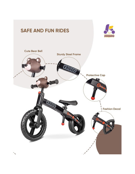 Bicicleta de Equilibrio KRIDDO para Niños 2 a 5 Años Negra