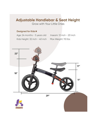 Bicicleta de Equilibrio KRIDDO para Niños 2 a 5 Años Negra