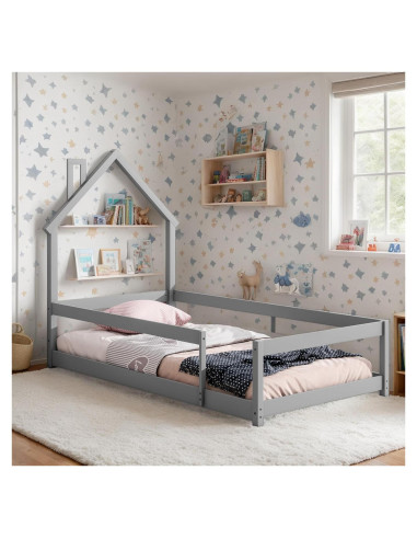 Cama Twin Montessori AYJOIR con Cabecera Casa y Barandillas