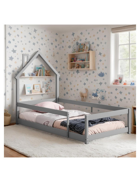 Cama Twin Montessori AYJOIR con Cabecera Casa y Barandillas
