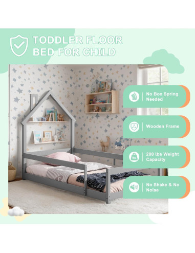 Cama Twin Montessori AYJOIR con Cabecera Casa y Barandillas