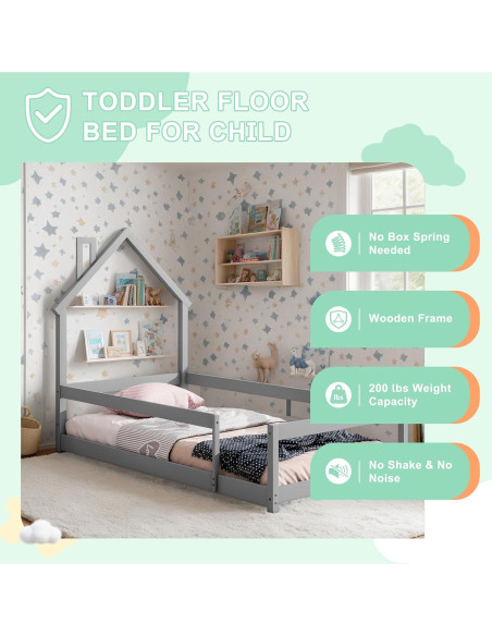 Cama Twin Montessori AYJOIR con Cabecera Casa y Barandillas