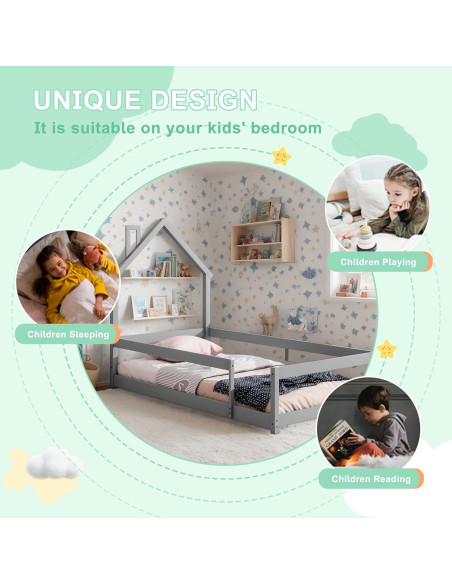 Cama Twin Montessori AYJOIR con Cabecera Casa y Barandillas