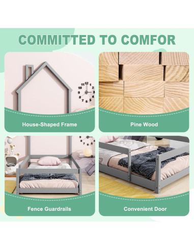 Cama Twin Montessori AYJOIR con Cabecera Casa y Barandillas