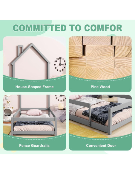 Cama Twin Montessori AYJOIR con Cabecera Casa y Barandillas