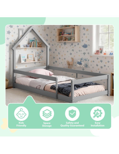 Cama Twin Montessori AYJOIR con Cabecera Casa y Barandillas