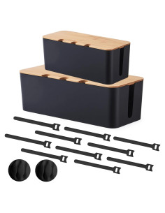 Caja Organizadora de Cables S310 2 Pack Negra con Tapa de Bambú