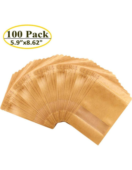 100 Bolsas de Papel Kraft 15x22cm con Ventana Mate Belinlen