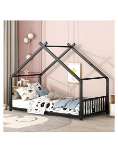 Cama de Piso Twin Bellemave con Techo Casa - Metal Negro
