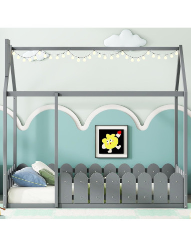 Cama Montessori Individual Bellemave Gris con Barandilla