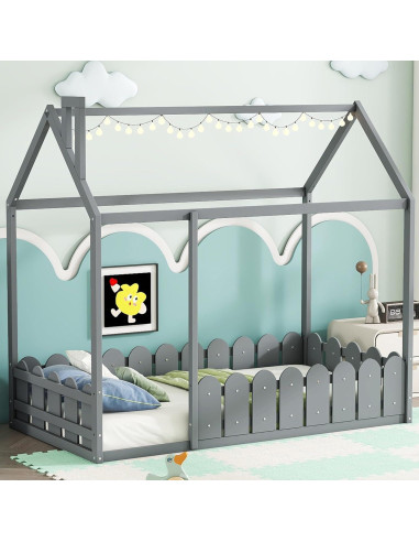 Cama Montessori Individual Bellemave Gris con Barandilla