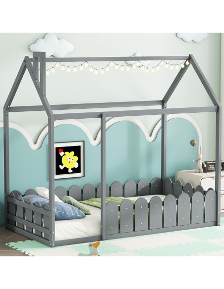 Cama Montessori Individual Bellemave Gris con Barandilla