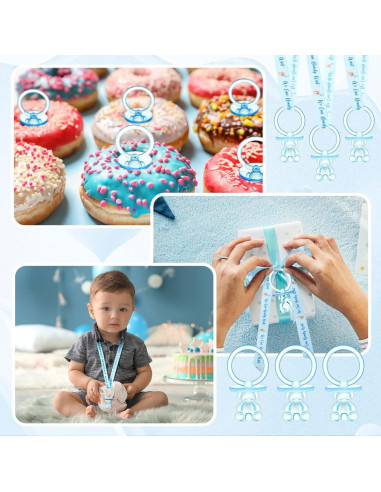 50 Chupetes Acrílicos para Bebés con Collar Azul - Baby Shower