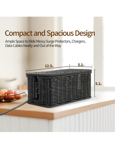 Caja de Gestión de Cables Delamu Rattan Hecha a Mano 31.75x12.95x12.95cm Negro